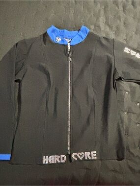 Hard Core Rhinestone Zip-Front Black Jacket with Blue Trim
